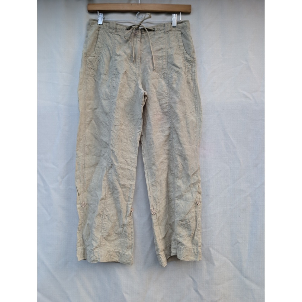 April Cornell Wide Leg Linen Pants Womens L Oatmeal Roll Tab‎ Capri Lagenlook